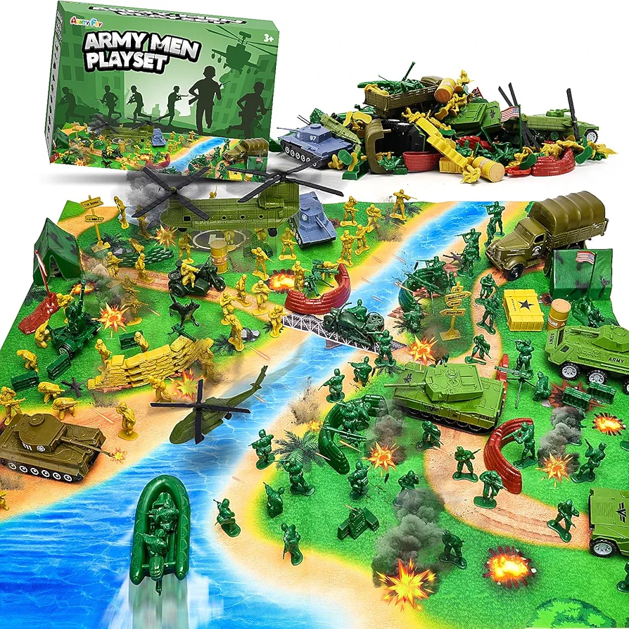 Army Men Playset Toys with Plastic Army Men Action Figures, Military Toys with Army Men Mat, Toy Soldiers for Boys with Green Army Men Figures, Army Men Tanks, Army Toys for Boys Age 4-8-12