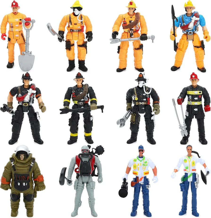 ONEST 12 Pieces Firefighter Action Figures Firefighter toys 4" Action Figures with Hats & Accessories for Teens Party Decoration