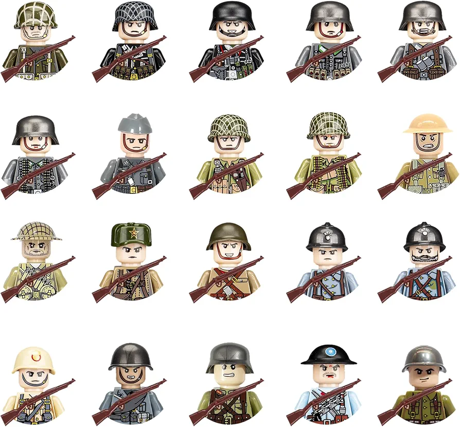 40 Pcs WW2 Soldier Minfigures Toy for Kids, 20 Military Figures American German British Italian French Other National Figures Battle Playset, World War 2 Building Block Military Weapons for Kids