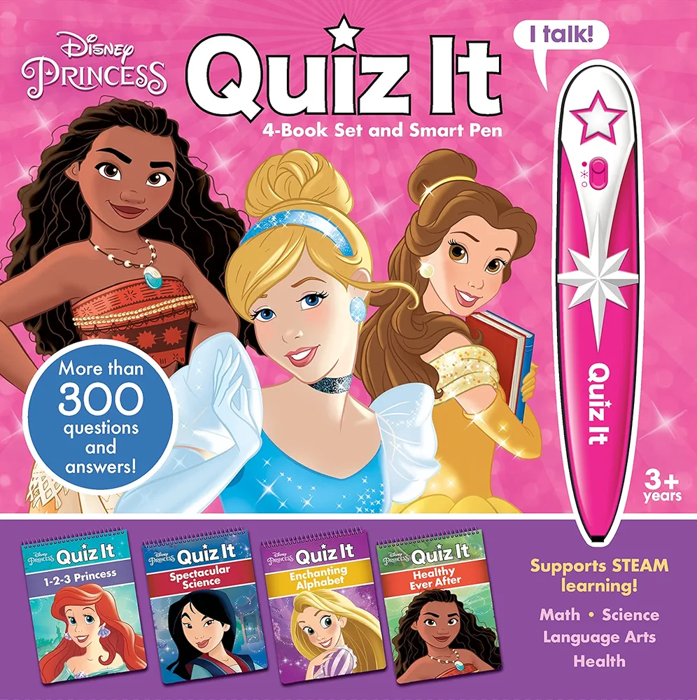 Disney Princess Moana, Rapunzel, Ariel, and More! - Quiz it Pen 4-Book Set and Talking Smart Pen - Interactive Educational Book Set with Toy Sound Pen - PI Kids