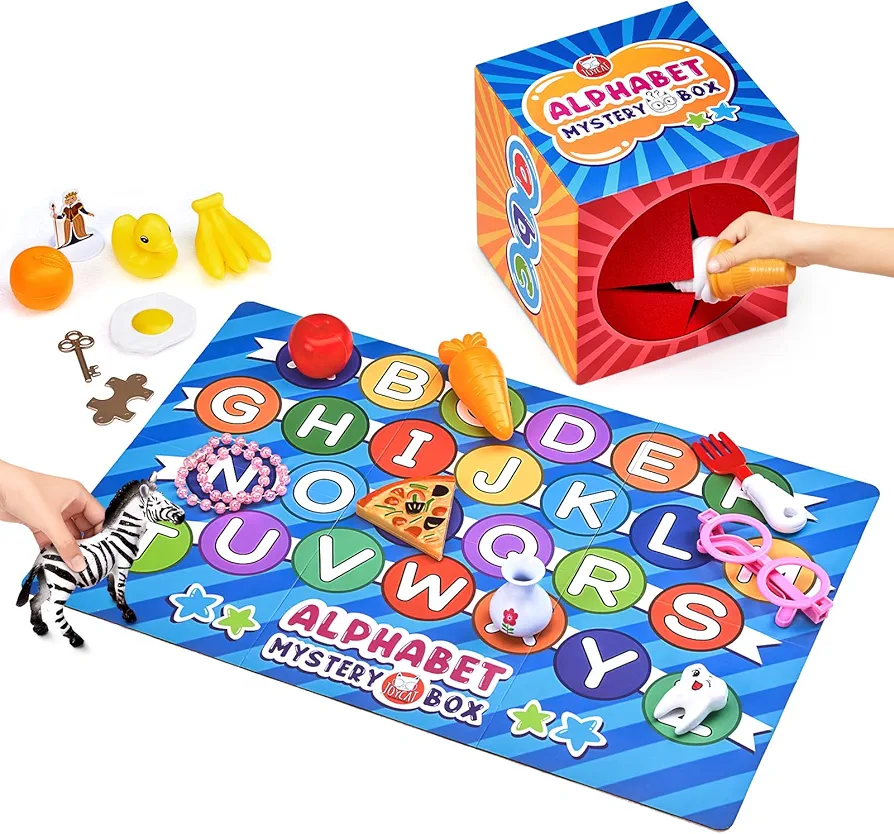 Alphabet Mystery Box for Kids 26 PCS Letters Sorting Matching Game Activities Letter Sounds Fine Motor Learning Toys for Preschool Kindergarten Classroom Gift for 3+ Years Kids Toddlers