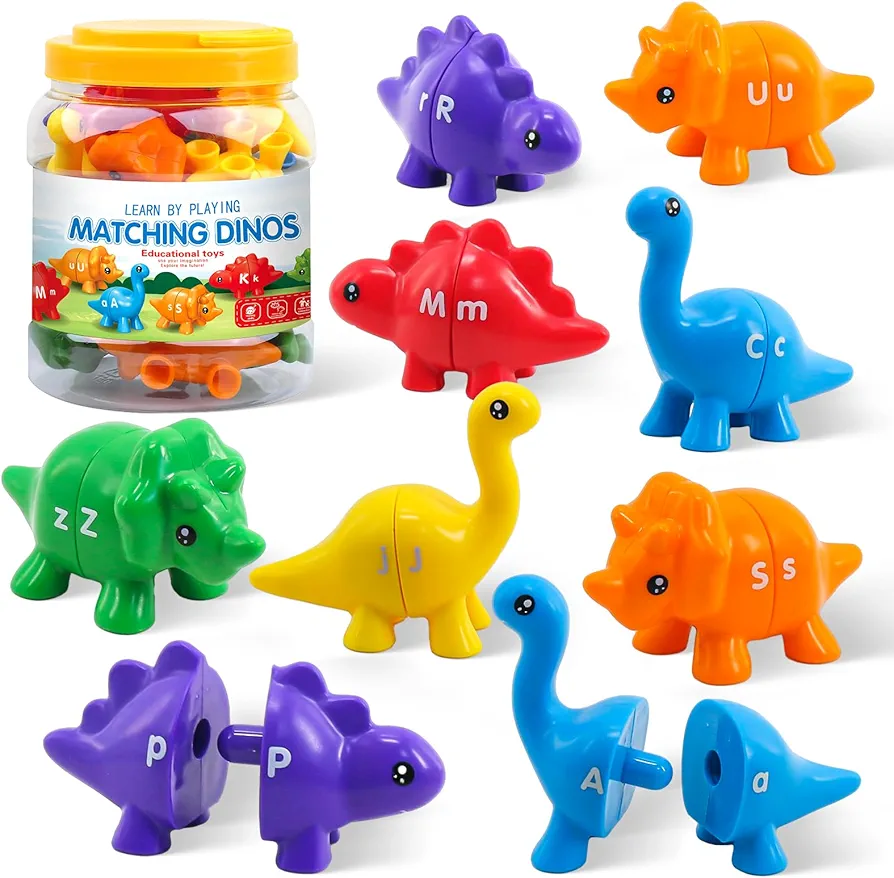 Montessori Learning Toys for Toddlers 1-3, Matching Letters Fine Motor Toy, Double-Sided 26 PCS ABC Dinosaur Alphabet Games for Kids Ages 3-5, Alphabet Learning Dinosaur Set for Kindergarten