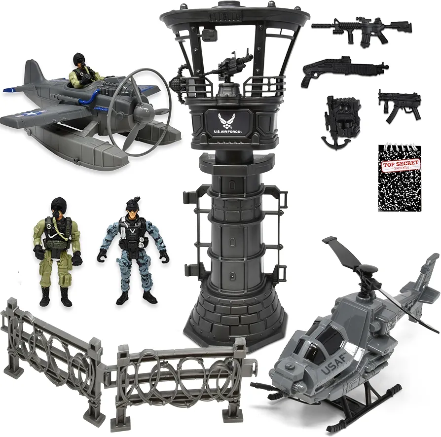 US Air Force Military Air Base Toy with Soldier Action Figure Models Fighter Jet Army Airplane and Watch Tower with Weapons Playset with Top Secret Confidential Notebook for Boys Kids