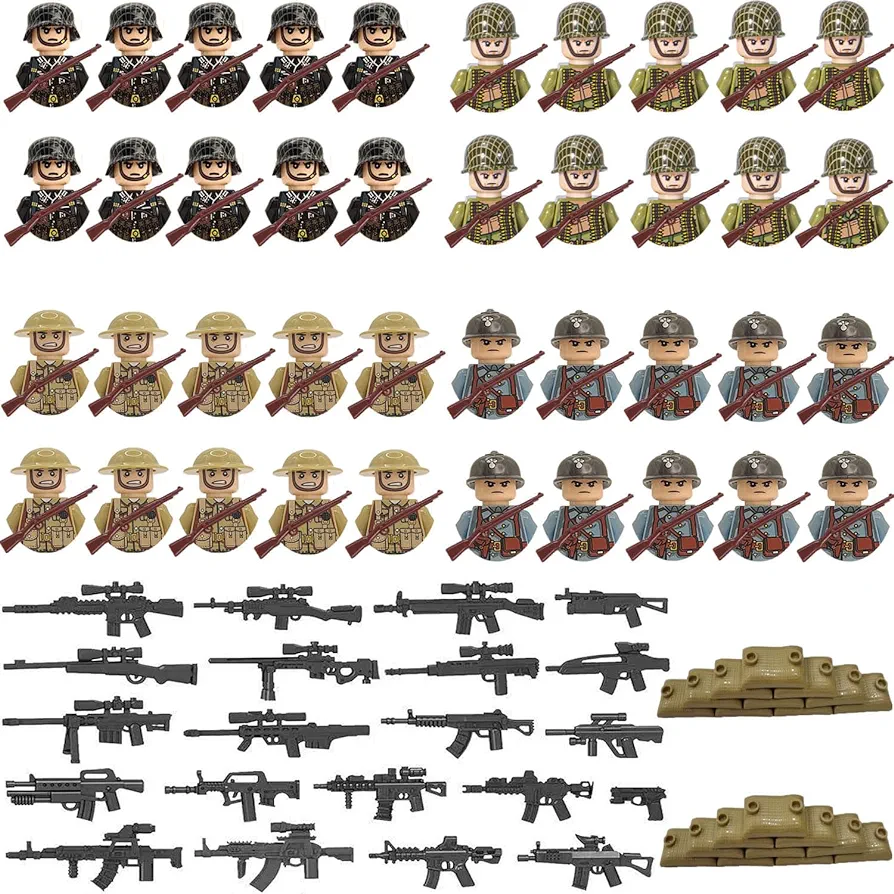 GeRRiT 142 Pieces WW2 Military Building Set Action Figures - Army Combat Playset with Mini WW2 Figures for Children - The Best Gift for Kids to Build a War Scene (WW2 Soldiers with Weapon)