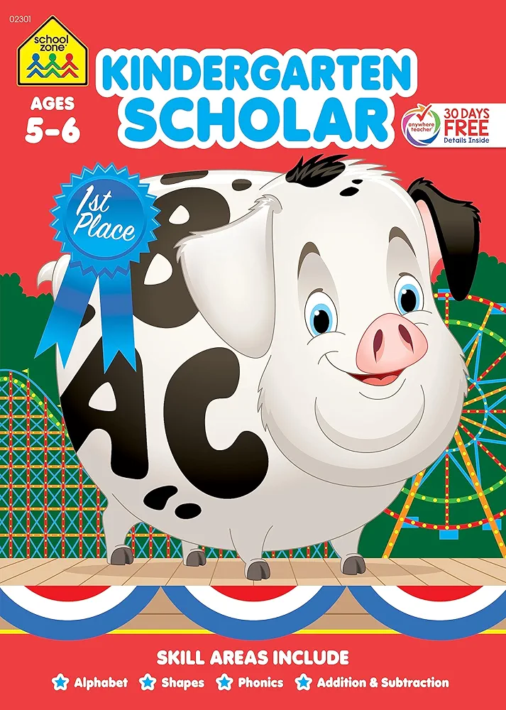 School Zone - Kindergarten Scholar Workbook - 64 Pages, Ages 5 to 6, Alphabet, Phonics, Shapes, Patterns, Counting, Addition & Subtraction, and More