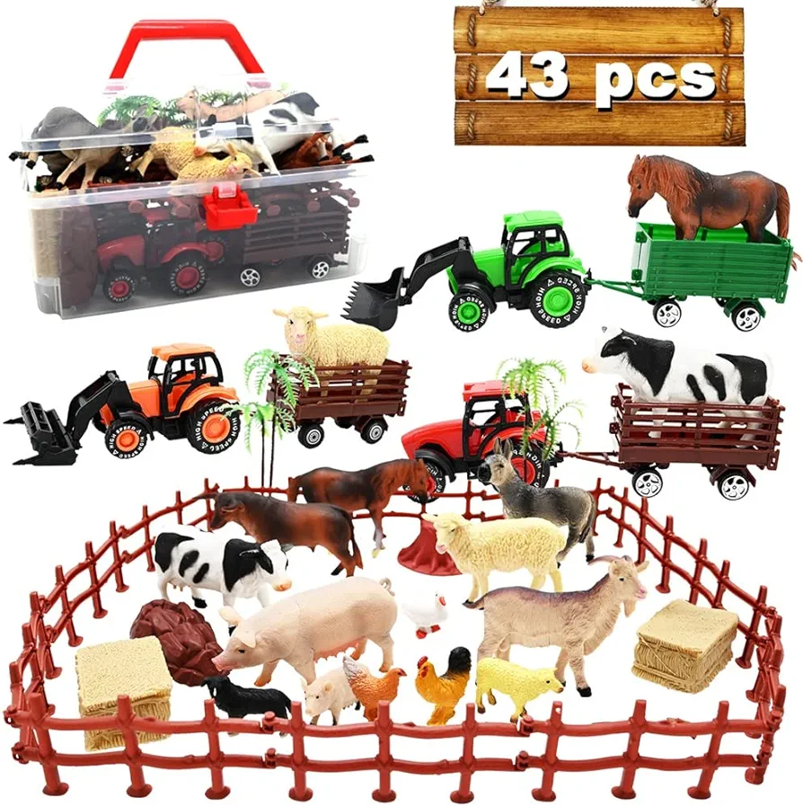 3 Pack Farm Toy Tractor with 40pcs Plastic Animals Figurines and Fence Playset, Farm Figures Farmer Vehicle Toy Truck with Trailer for 3-12 Years Old Kids Boys Girls Toddlers