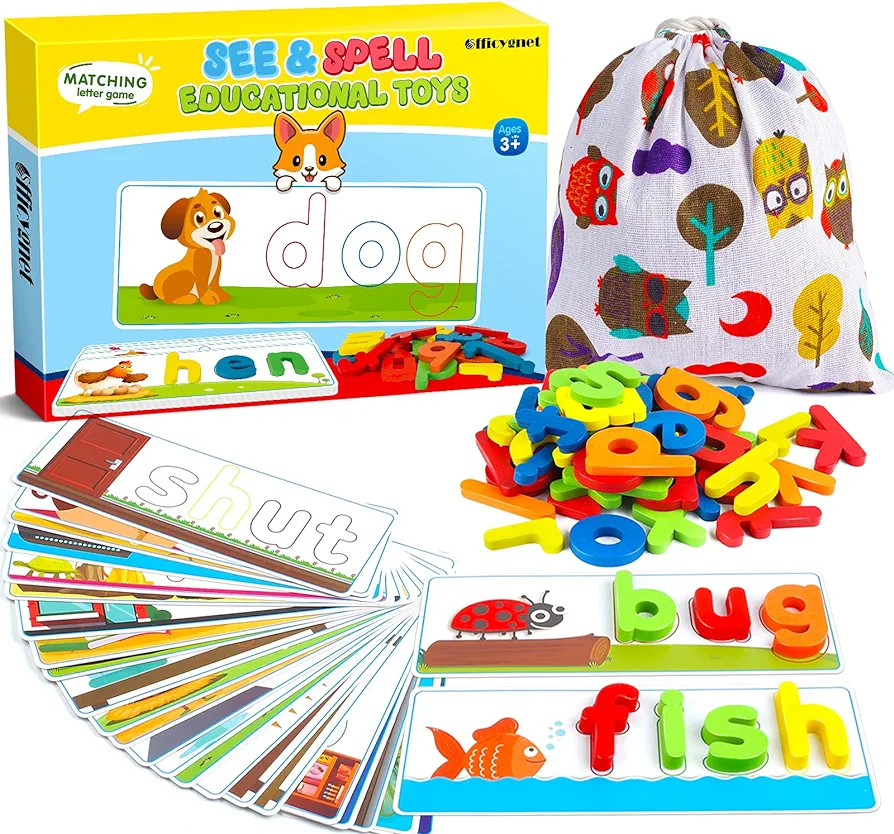 Officygnet See & Spell Learning Educational Toys and Gift for 3 4 5 6 Years Old Boys and Girls - Matching Letter Game for Preschool Kids - 80 Pcs of CVC Word Builders for Toddler Learning Activities