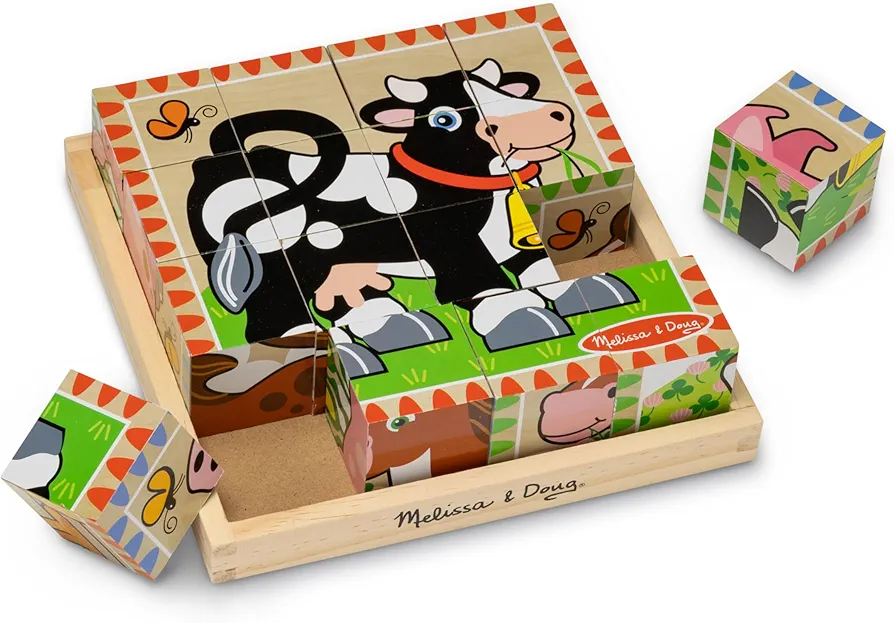 Melissa & Doug Farm Wooden Cube Puzzle With Storage Tray - 6 Puzzles in 1 (16 pcs) - FSC Certified