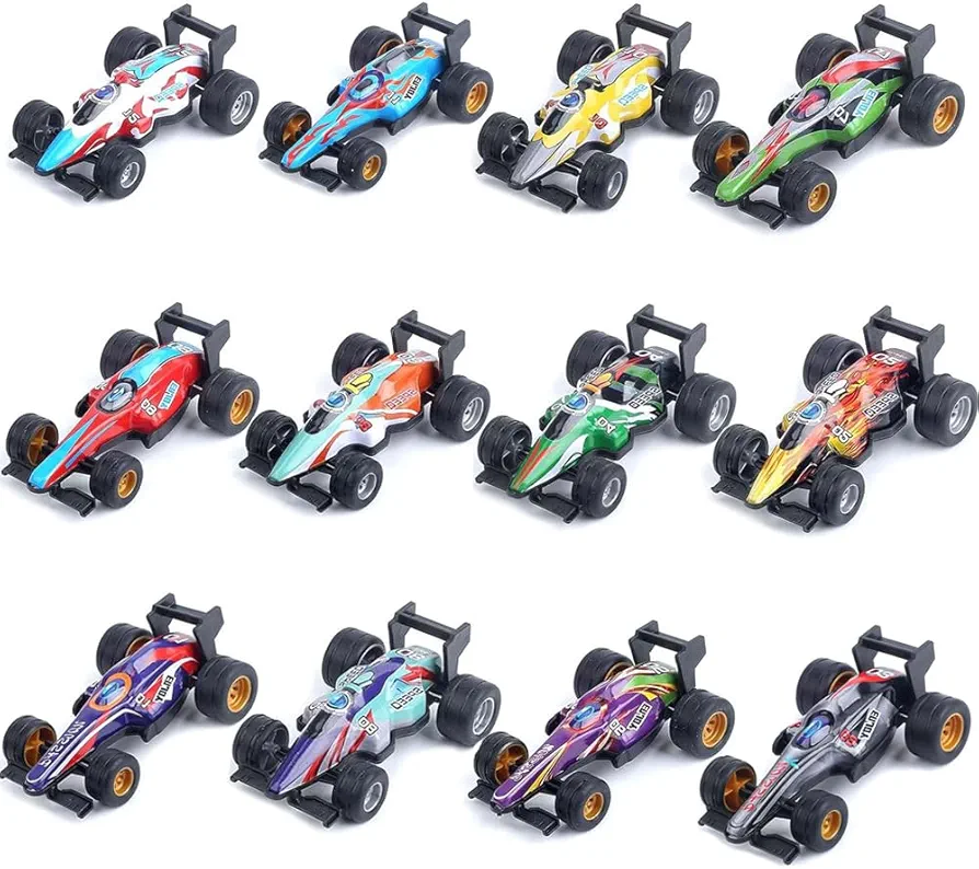 12Pcs F1 Formula Pull Back Cars Toy Number Stickers 3.3:2.1:1.2 Inch Matchbox Cars Crash Resistant Inertia Toy Car Race Cars Toy for Kids Birthday Party Favors