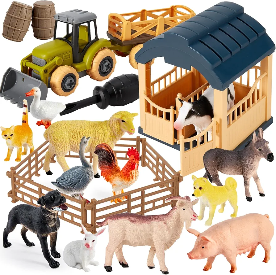 Buyger Farm Animals Figurines Toys Playset, Take Apart Toy Tractor Plastic Animals Figure Toy Barn Fence Playset Gifts for Ages 3 4 5+ Years Olds