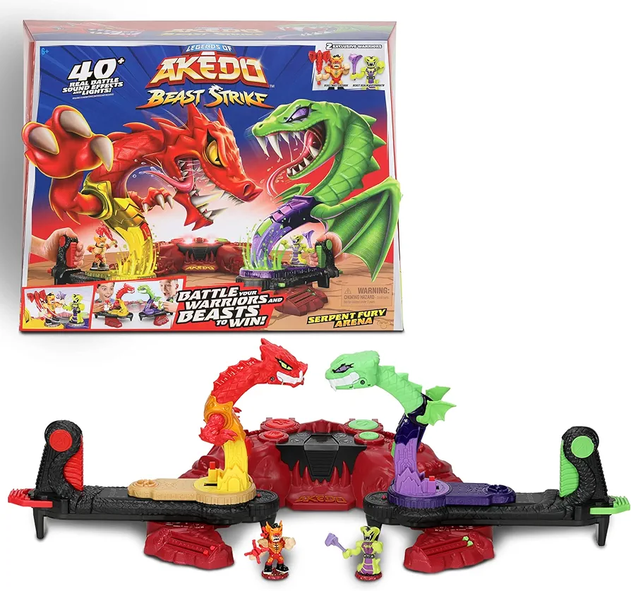 Legends of Akedo Beast Strike Serpent Fury Arena. Battle Your Warriors and Your Beasts to Win! with 40+ Real Sound Effects and Lights and 2 Exclusive Warriors.