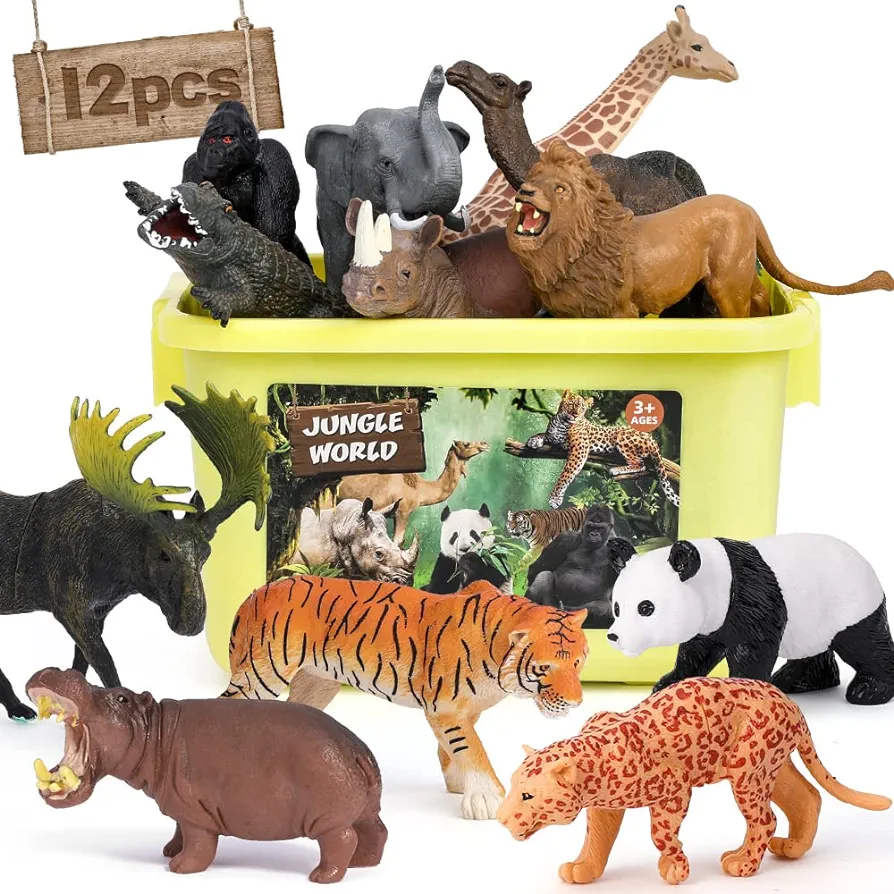 FRUSE Safari Animals Figures Toys,12PCS Wild Zoo Animals Figurines,Realistic African Jungle Animals Playset with Panda,Lion,Elephant,Educational Learning Toys for Toddlers Kids 3-5