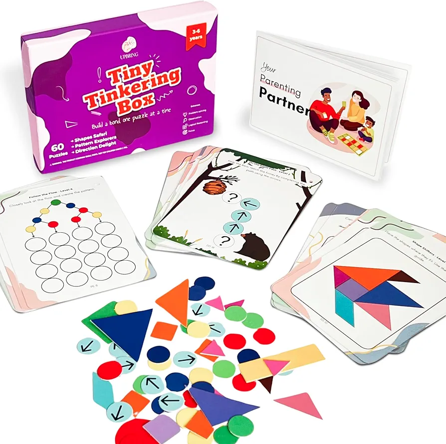 Upbring Tiny Tinkering Box - Preschool Learning Activities Kit, 60 Exciting Puzzles - Tangrams, Shapes, Directions, Montessori Educational Toys, Ages 3 4 5 6 Year olds, Kids & Toddlers, Travel, Gifts