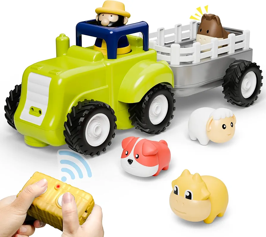 iPlay, iLearn Toddler Remote Control Farm Tractor Toy, Baby RC Trailer Truck Set, Music Pretend Farmer Animals Vehicle Playset W/Sound, Birthday Gifts for 18 24 Month 2 3 4 Year Old Kids Boys Girls