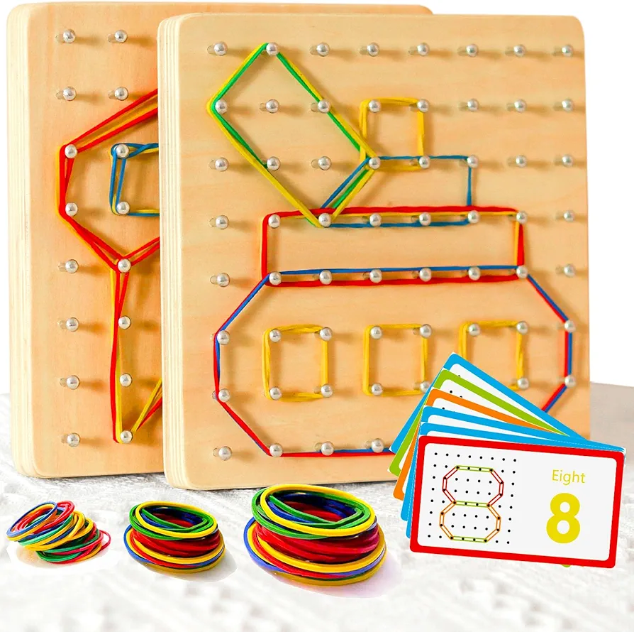 2Pack Wooden Geoboard Montessori Toys - Wood Geo Board Manipulative Math Geoboards for 4 5 6 year old Kids with 60pcs Pattern Cards Rubber Bands,Peg Board Puzzles Easter Basket Stuffers for Kids