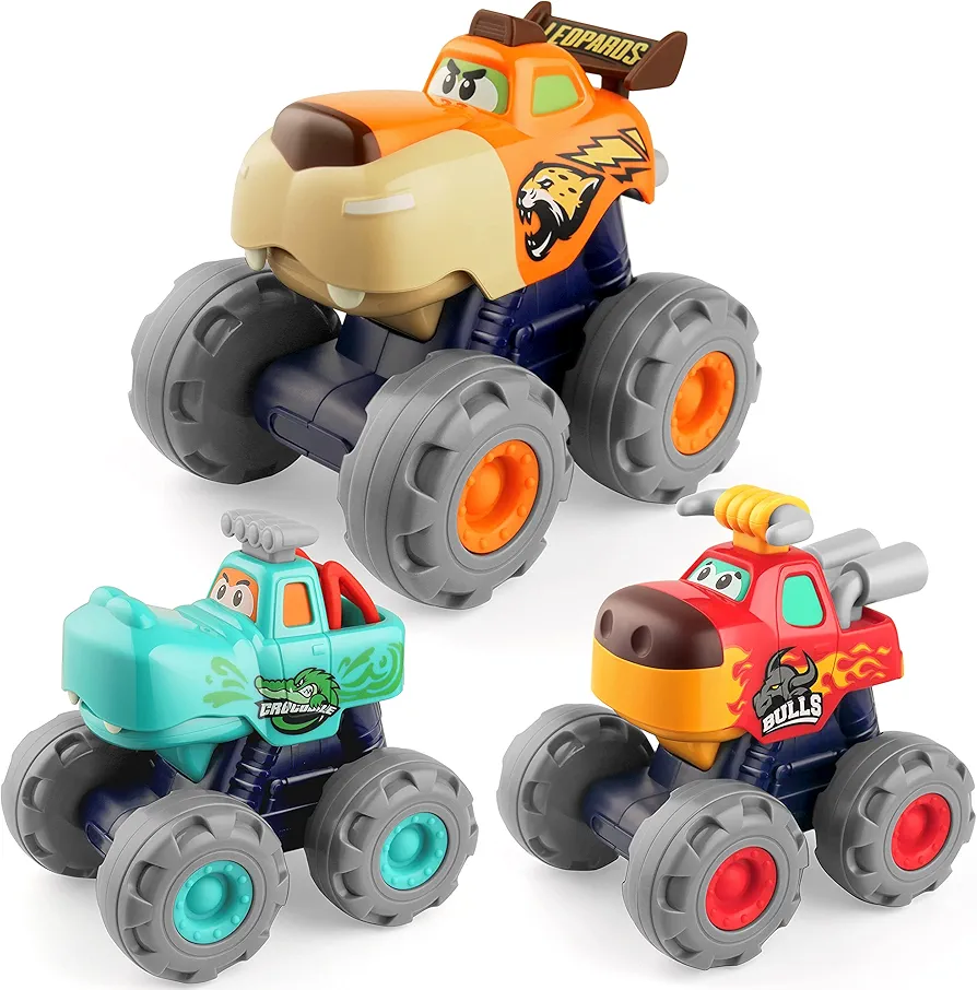 Coogam Friction Powered Cars 3PCS, Push and Go Construction Monster Vehicle Animal Trucks Toy Set, Gift for Birthday Baby Shower Xmas Year Old Toddler Girls Boys