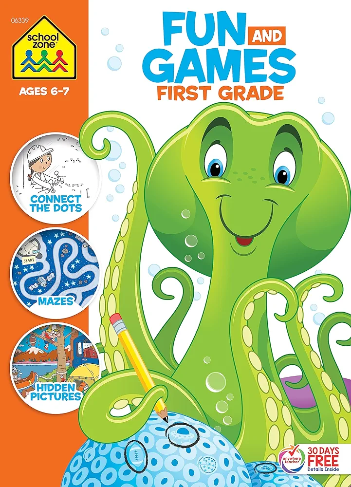 School Zone - Fun and Games First Grade Activity Workbook - 320 Pages, Ages 6 to 8, Hidden Pictures, Mazes, Dot-to-Dots, Coloring, Codes, What's Different, and More (School Zone Big Workbook Series)