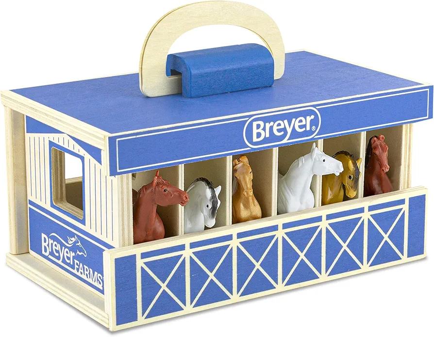 Breyer Horses Farms Wooden Stable Playset with 6 Horses | 6 Piece | 6 Stablemates Horses Included | 6” H x 9” L x 2.5” D | 1:32 Scale | Model #59217, Multi