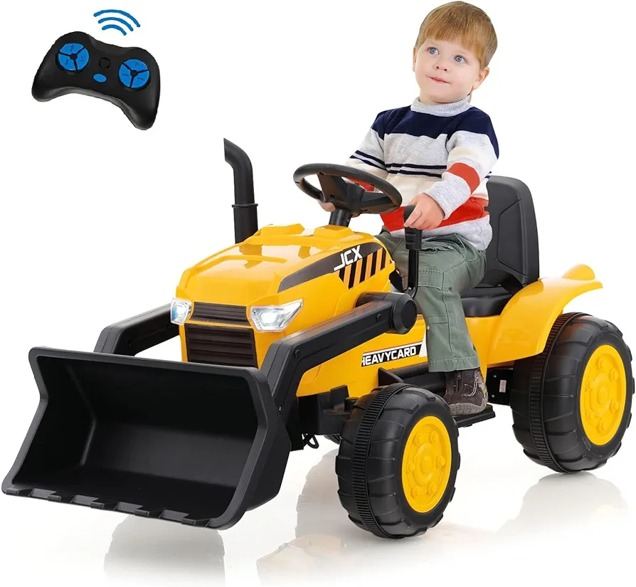 OLAKIDS Kids Ride on Car, 12V Electric Excavator Vehicle Construction Truck with Remote Control, Adjustable Bucket, Toddlers Battery Powered Bulldozer Tractor with 2 Speeds, Music (Excavator, Citrine)