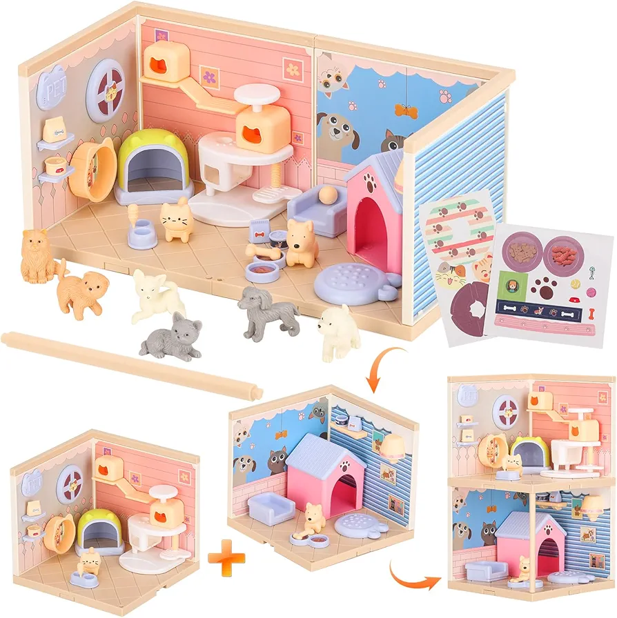 TQQFUN Cat and Dog Pretend Playset for Kids, 50Pcs Pet Figurines Toys, Toddlers Stem Building Pet Dollhouse Montessori Toy, Cat Condo for Boys and Girls