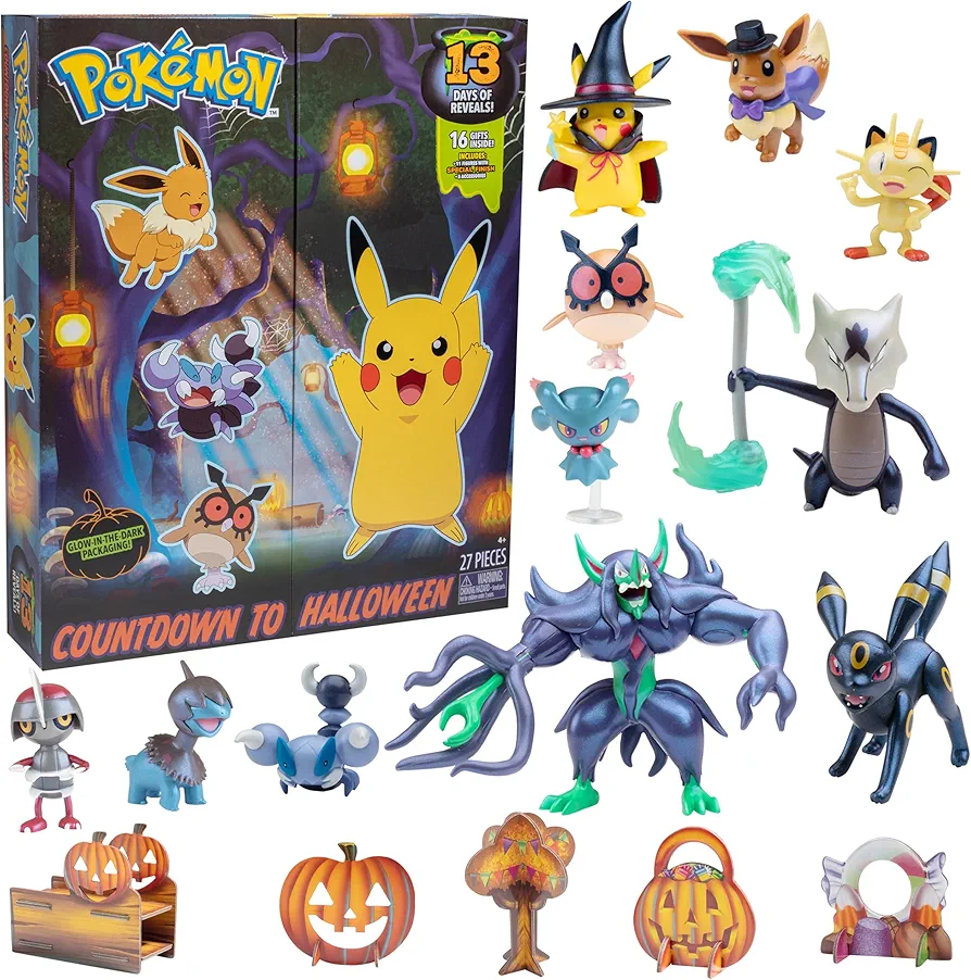 Pokémon 2024 Halloween Countdown Advent Calendar for Kids, 16 Gift Playset - 13 Days of Reveal with 11 Toy Character Figures & 5 Accessories - Pikachu, Eevee & More - 4.5" Deluxe Action Grimmsnarl - Gift for Boys & Girls 4+