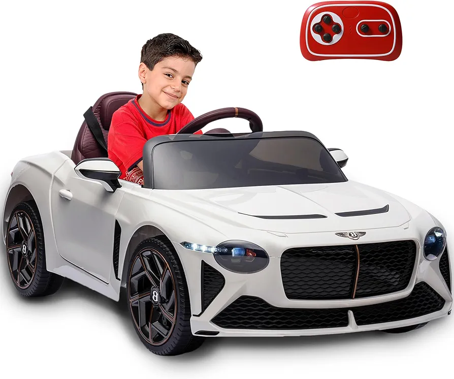 12V Battery Kids Ride On Electric Vehicles Bentley Car Toy for Kids Age 1-8 Parent Remote Control for Boys and Girls to Ride in Power 4 Wheels Toddler with LED Lights 3 Speeds USB Music-White