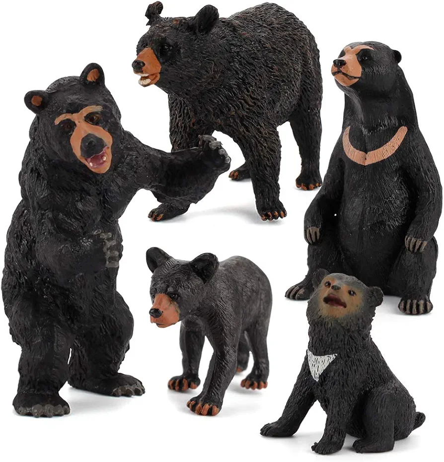 Realistic Wild Life Jungle Animal Figures Model Black Bear Family Playset Eduactional Toys Playset Figurine Statue Classroom Desktop Decoration for Kids Toddler Party Supplies(5 pcs)