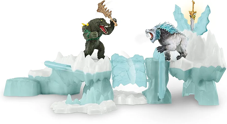 Schleich Eldrador Creatures Attack on Ice Fortress Playset with Ice Monster and Jungle Monster Action Figures - Features Battle Crocodile with Moving Arms and Sabre Tooth Tiger, Gift for Kids Ages 7+