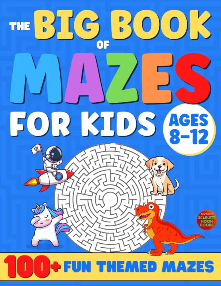 MAZE BOOK FOR KIDS AGES 8-12: Challenging Maze Activity Book for Kids. 100+ Themed Mazes with Increasing Difficulty Levels and Funny Coloring Images. Solutions Included.