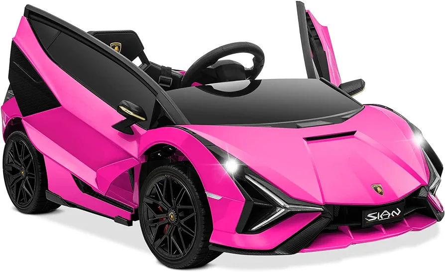 Kidzone Kids Electric Ride On 12V Licensed Lamborghini Sian Roadster Battery Powered Sports Car Toy with 2 Speeds, Parent Control, Sound System, LED Headlights & Hydraulic Doors - Pink