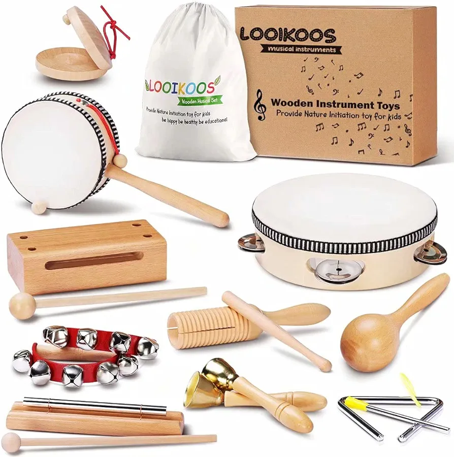 LOOIKOOS Toddler Musical Instruments Natural Wooden Percussion Instruments Toy for Kids Preschool Educational, Musical Toys Set for Boys and Girls with Storage Bag