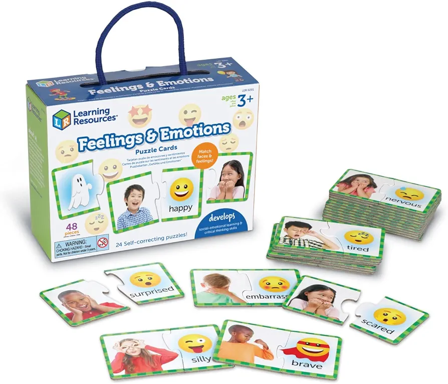 Learning Resources Feelings & Emotions Puzzle Cards, 48 Pieces, Ages 3+, Social Skills Toys, Speech Therapy Materials, Social Emotional Learning Toys and Games for Kids