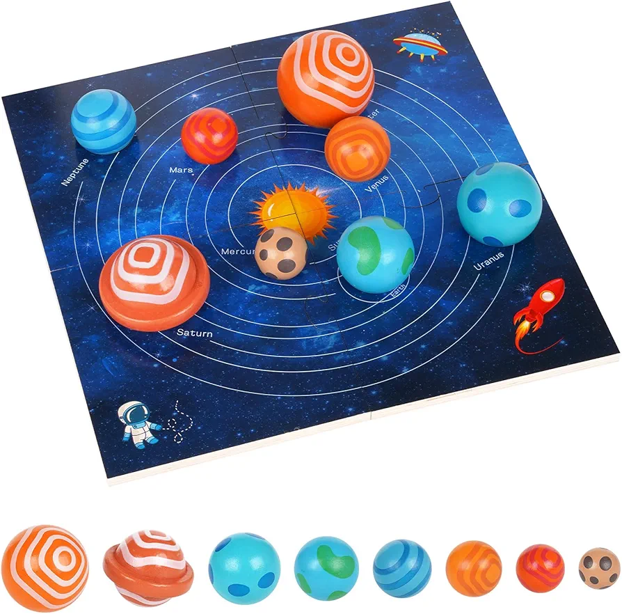 Wooden Solar System Toys for Kids Planets for Kids Solar System Model Board Wooden Solar System Planet Puzzle Space Puzzle for Kids Montessori Toys Preschool Science Toys STEM Toys Gift for Toddlers