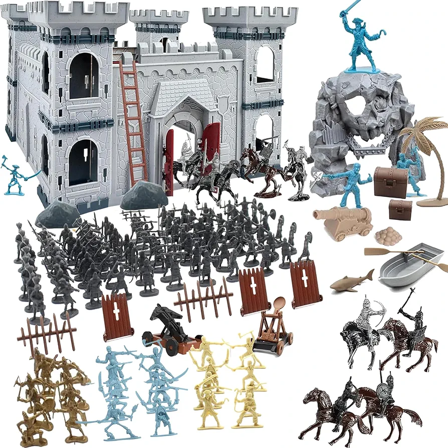 Army Men Action Figures Toy Soldiers Set, Medieval Castle Knight Military Soldiers DIY Castle Building Set with Pirate and Cavalry for Kid Birthday Party Gift