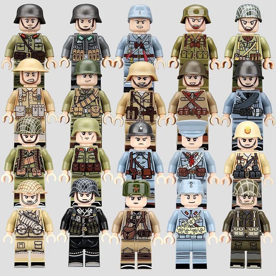 WW2 Soldier Minfigures Toy, 30Pcs Military Figures American British German French Figures Battle Playset, World War 2 Minifigures Building Block Military Weapons Gift for Kids