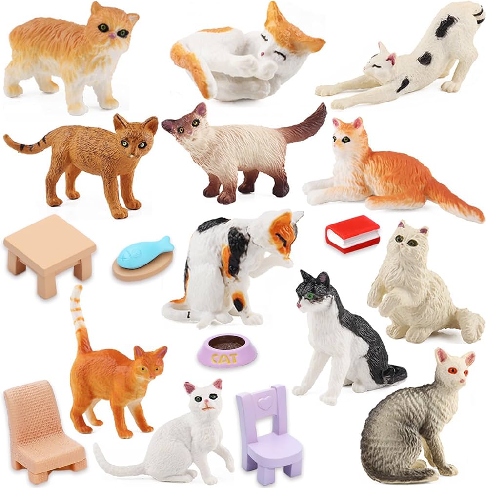 ONEST 19 Pieces Mini Cat Figurines Playset Hand Painted Tiny Cats Realistic Detailed Plastic Cat Figures Toys Christmas Birthday Gift for Kids Adults