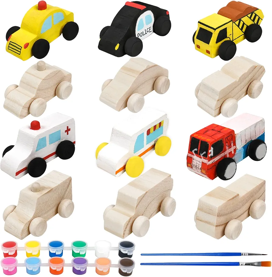 12 Pieces Unfinished Wooden Cars Wood DIY Car Toys Wood Crafts Painting Crafts Kit for Student Easy Woodworking Set Family Activities Arts and Crafts Kit for Kids