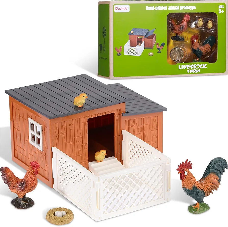 Skylety 9 Pieces Easter Chicken Figurine Chicken Model Playset Farm Action Figures Fences Around Building Blocks Farm Coop Set Birthday Party Present Animal Easter for Kids Age from 3 to 8