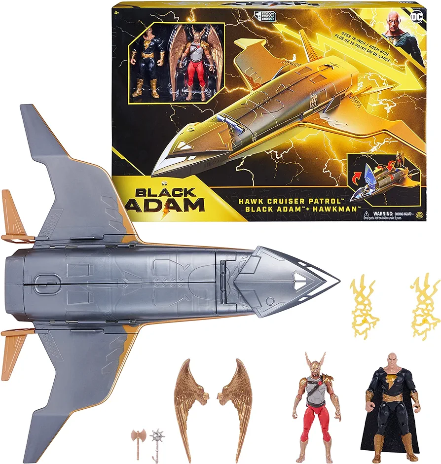 DC Comics, Hawk Cruiser Patrol, Includes Black Adam and Hawkman Action Figures, Over 16-inch Wide, First Edition, Super Hero Kids Toys for Boys and Girls Aged 4 and up