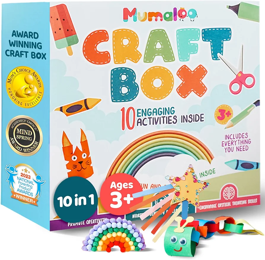 Mumaloo Craft Box for Kids - 10 Creative Arts and Crafts for Kids Ages 4-8, Fun, No Mess Educational Preschool & Homeschool Art Projects, Toddler Crafts Kit Supplies, 3 4 5 6 7 8 Year Old Girls & Boys