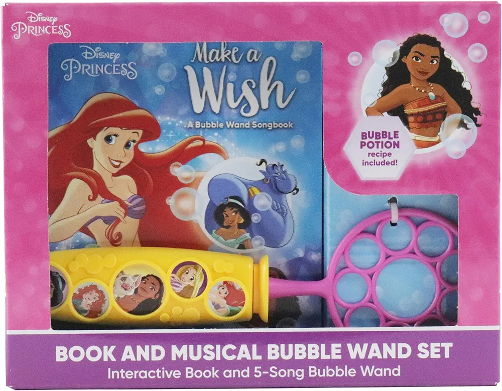 Disney Princess Ariel, Moana, and More! – Make a Wish - Bubble Wand Songbook - Toy Bubble Wand Plays 5 Songs - PI Kids