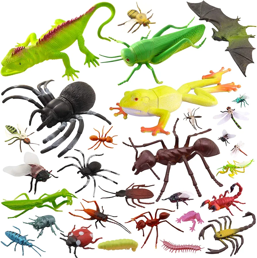 PINOWU 27pcs Bug Toy Figures Playset for Kids Boys, 2-6” Fake Bug Insects - Fake Spiders, Cockroaches, Scorpions, Crickets, Lady Bugs, Butterflies and Worms for Education and Christmas Party Favors