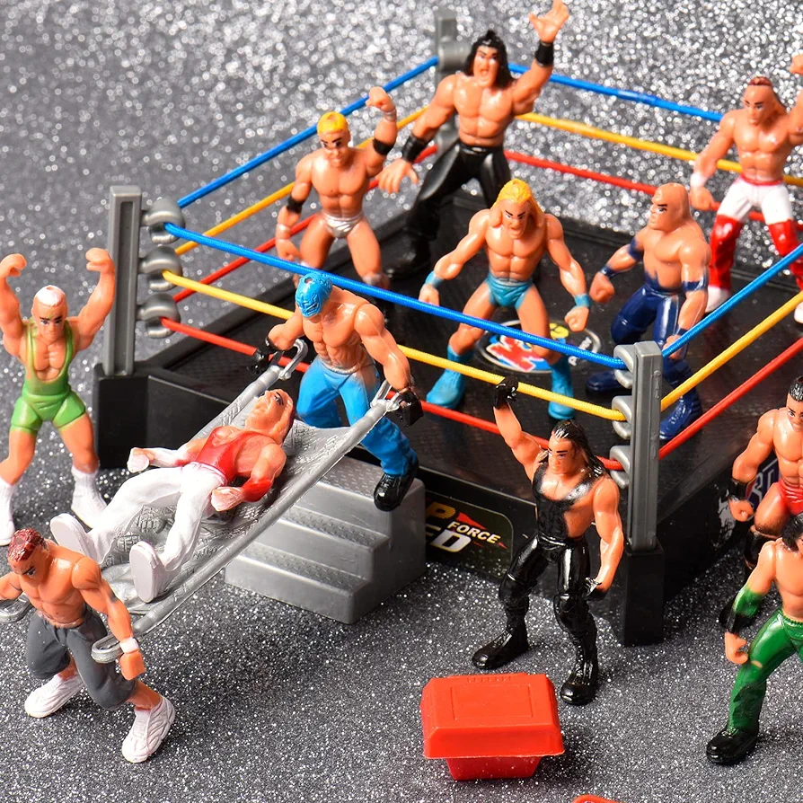 Complete Wrestling Toy Set, Wrestler Warriors Toys with Ring & Realistic Accessories, 12 Little Powerful Wrestlers and Funny Accessories as Hammer,Mini Wrestling Figure Playset, Gift for Children