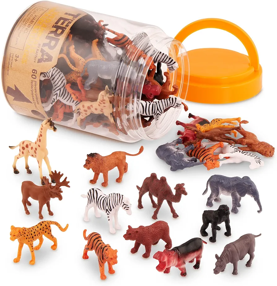 Terra by Battat – 60 Pcs Wild Creatures Tube – Realistic Mini Animal Figurines – Lion, Hippo, Tiger, Bear & More Safari Animals – Plastic Educational Toys for Kids and Toddlers 3 Years +