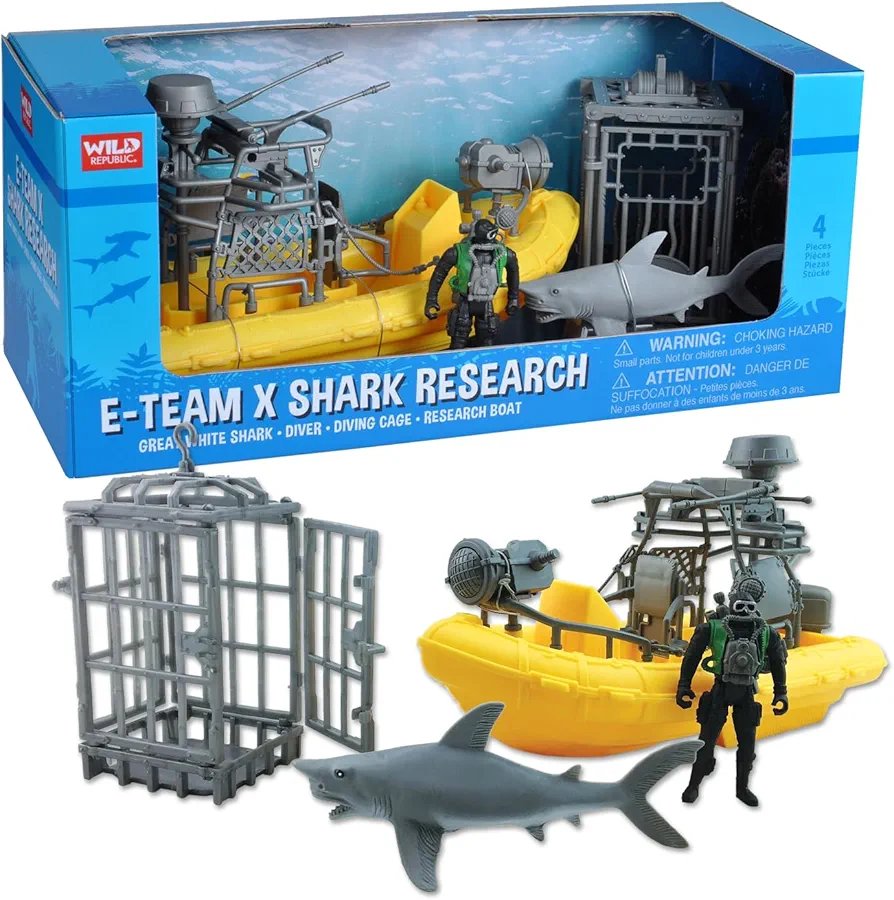 Wild Republic E-Team X Shark Set Playset, Action Figure, Shark, Boat, Diving Cage, Gifts for Kids, 4-Piece Set 15394 , Cuddlekins