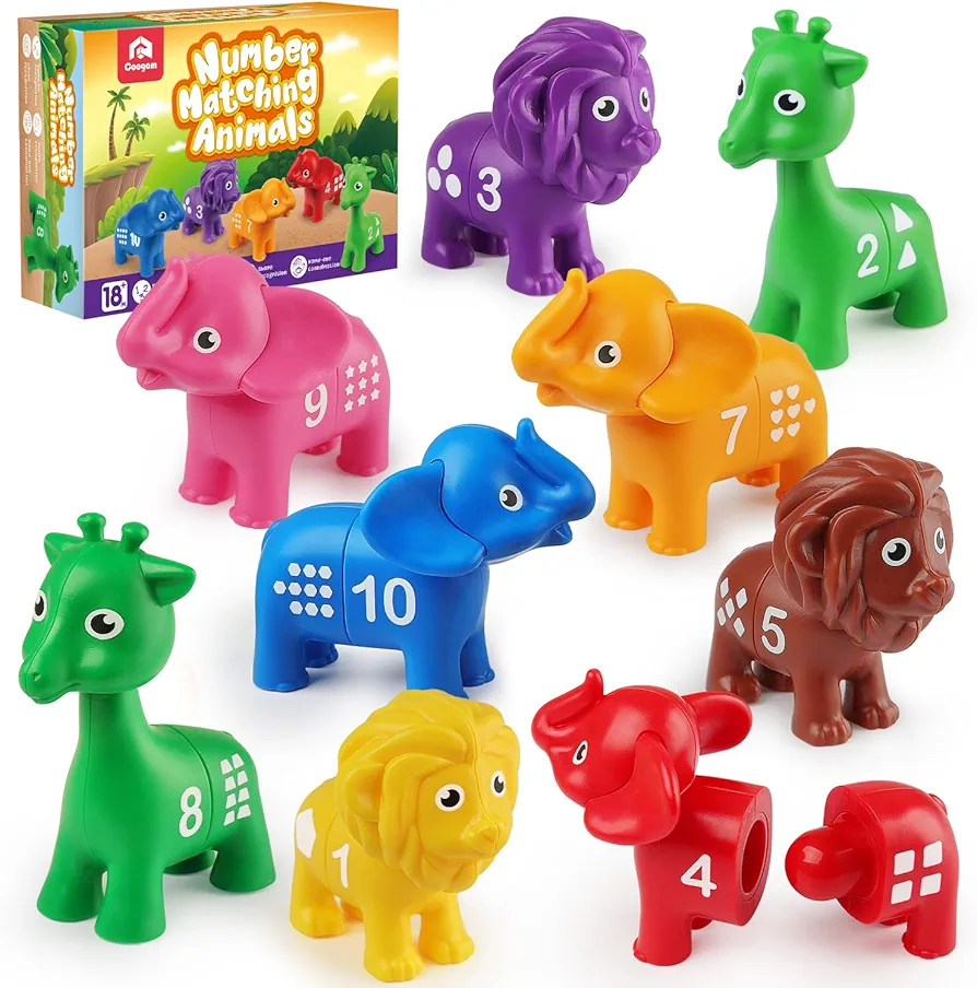 Coogam Number Matching Toy Set, 10pcs Double-Sided Animal Number Counting Game, Preschool Montessori Fine Motor Skill Mathematics Educational Toys for 3 4 5 Year