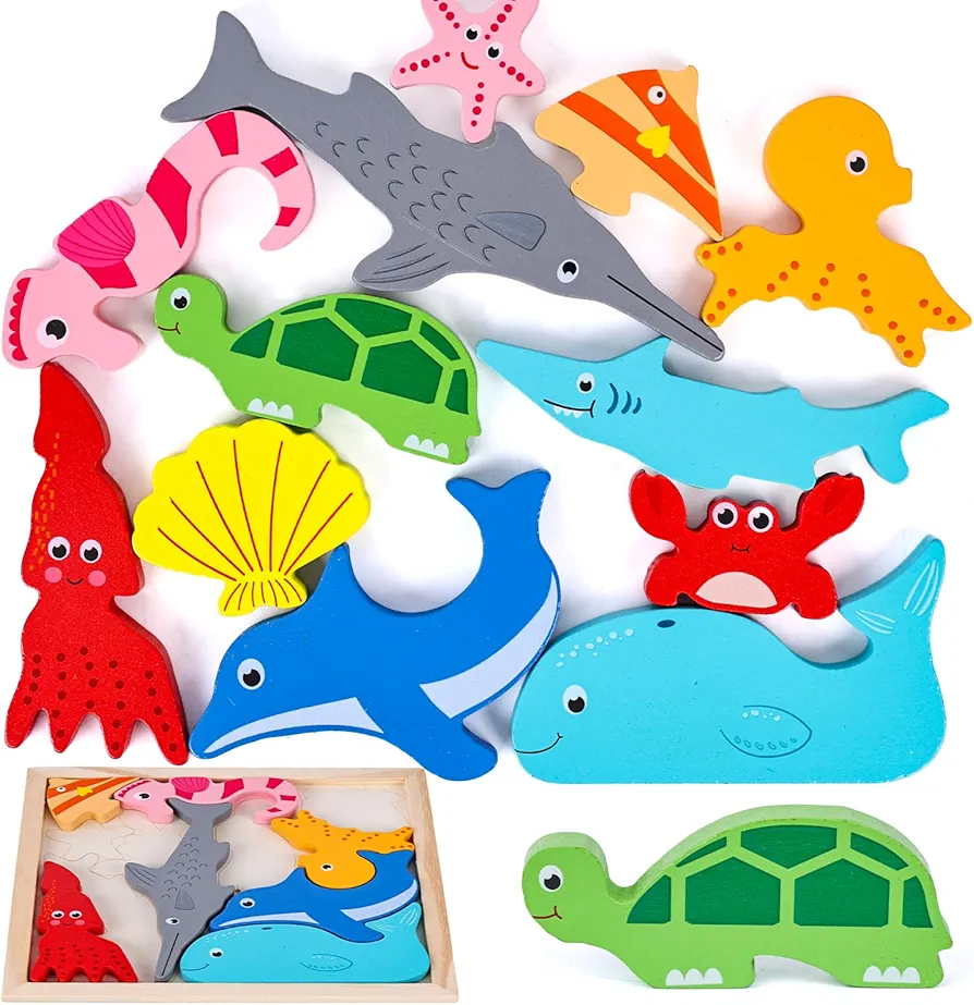 LovesTown 12PCS Wooden Stacking Puzzles, Educational Toys Sea Animal Chunky Jigsaw Puzzles for Kids