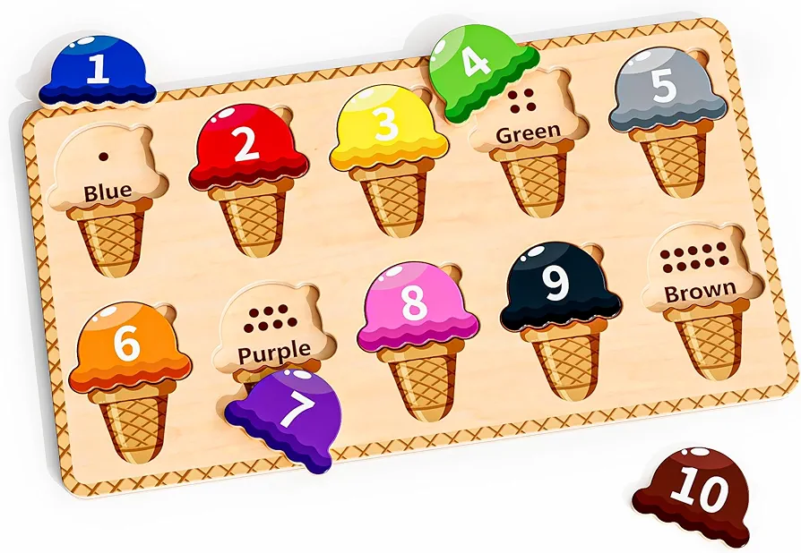 Wooden Puzzles for Toddlers,Montessori Toys,Preschool Learning Activities,Peg Puzzle with Ice Cream Shape and Color Number Matching Educational Toys