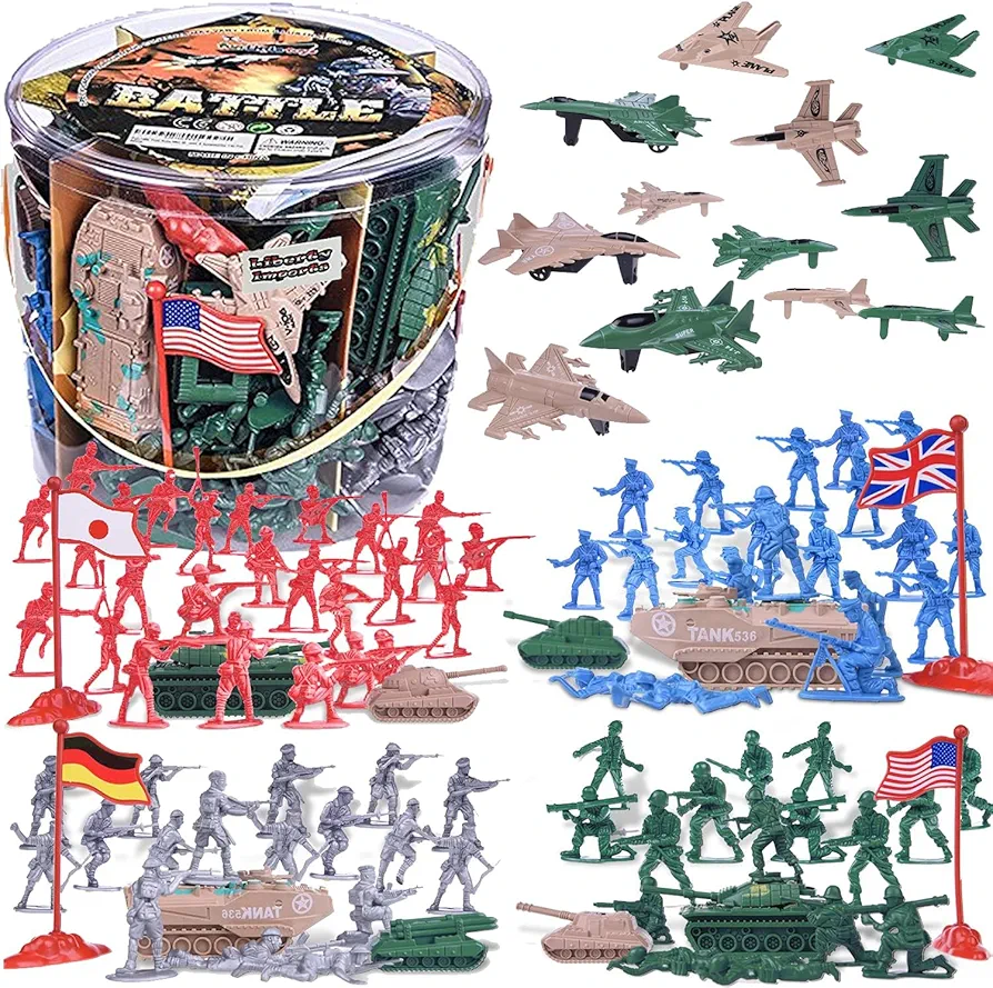 Liberty Imports 124 PCS Army Men Toy Figures Military Forces Bucket Play Set, World War II Battle Plastic Soldiers Set with Vehicles for Boys, Kids Imaginary Play