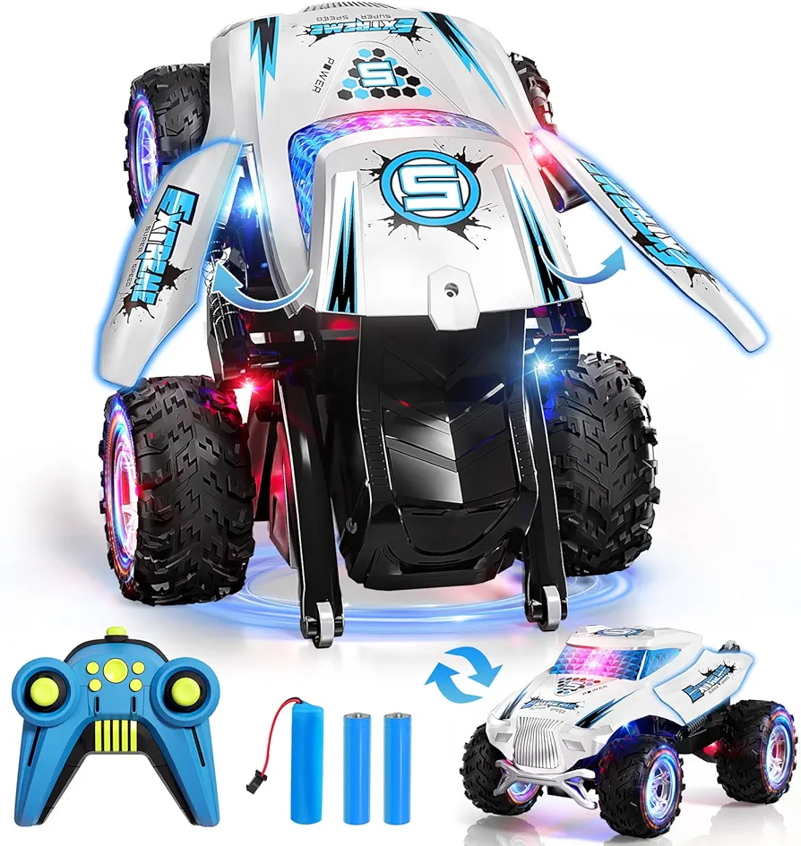 2.4GHZ 4WD Remote Control Car Toy for Kids,360°Rotation All-Terrain RC Stunt Car with Cool Lighting & Music,RC Controlled Cars Toys for Boys Birthday Gifts Age 6-8 8-13 Years Old.